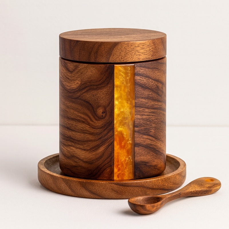 resin and wood storage jar set - walnut wood with resin inlay