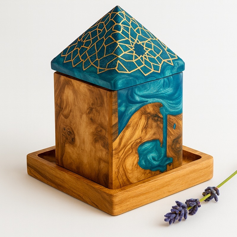 Handcrafted olive wood & turquoise resin lidded box with gold geometric patterns, decorative storage for trinkets