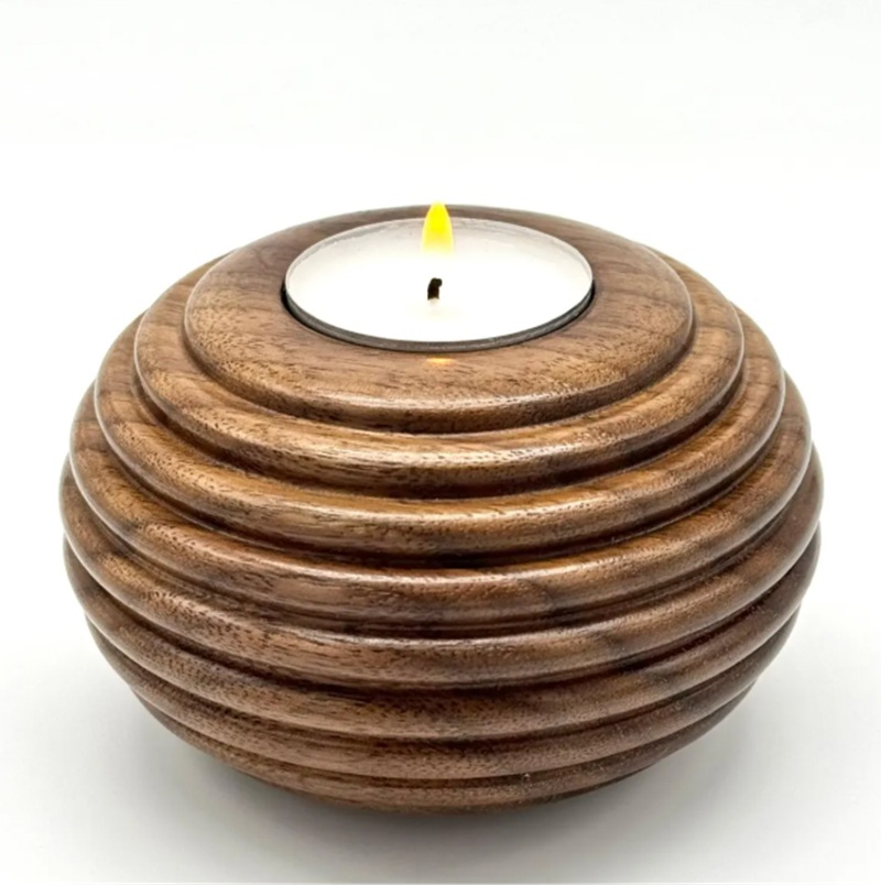 Dark walnut spherical layered wooden tealight holder, fits standard tealights for ambient home decor