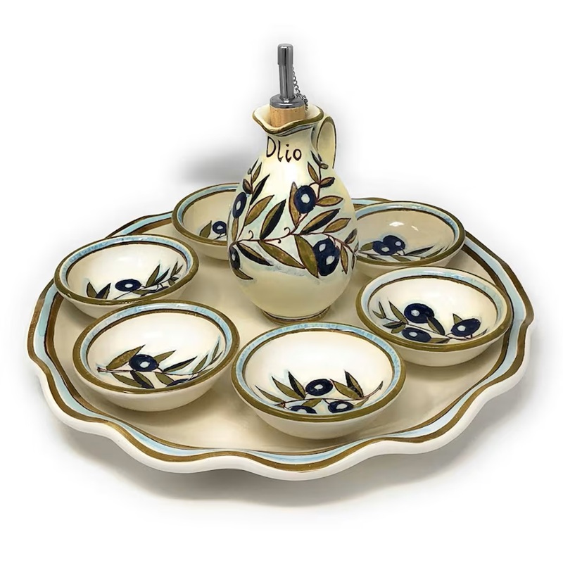 Hand-painted Mediterranean olive-themed ceramic oil dispenser set with 5 bowls and scalloped serving tray